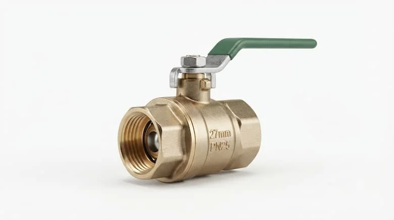 Ảnh sản phẩm chuyên nghiệp của van khóa nước 27mm, thân bằng đồng thau, đầu ren, tay gạt, kết cấu kim loại chân thực