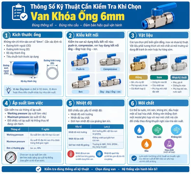 Hình ảnh tổng hợp các thông số kỹ thuật quan trọng cần kiểm tra khi lựa chọn van khóa ống 6mm phù hợp