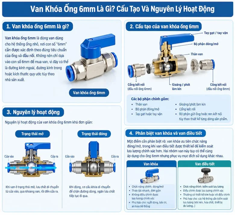 Hình ảnh minh họa cấu tạo chi tiết và nguyên lý hoạt động của van khóa ống 6mm trong hệ thống đường ống