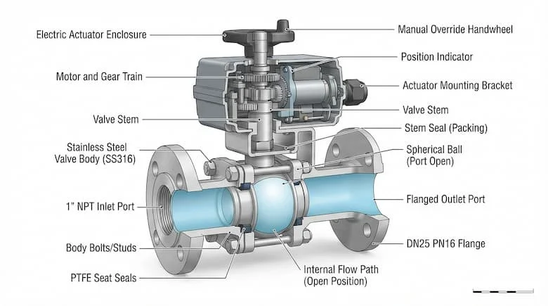 Sơ đồ cắt kỹ thuật của van tự động đóng ngắt bằng bộ truyền động điện, thể hiện thân van, bộ truyền động, trục van, bi van, gioăng và đường dẫn dòng chảy bên trong