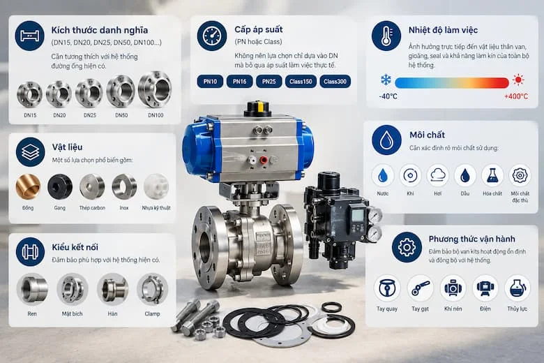 Minh họa kích thước DN, cấp áp suất PN/Class, nhiệt độ, vật liệu, môi chất, kiểu kết nối và phương thức vận hành.