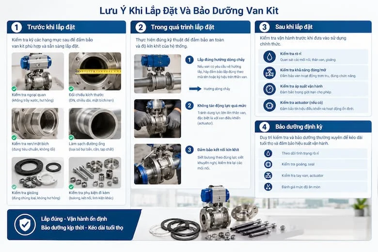 Minh họa các bước kiểm tra trước khi lắp, lắp đặt, kiểm tra sau lắp và bảo dưỡng định kỳ.