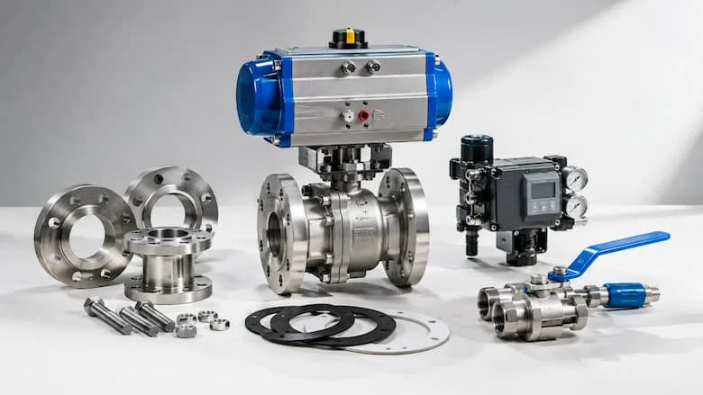 Minh họa tổng quan bộ van kit gồm van chính, actuator, phụ kiện kết nối, gioăng và bulong.