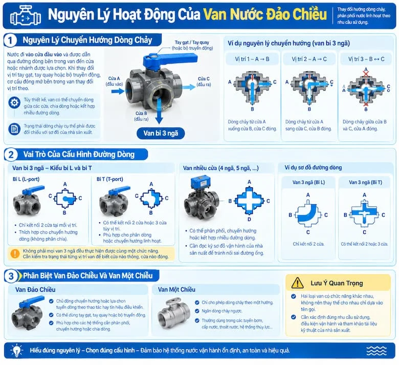 Hình ảnh mô phỏng nguyên lý vận hành của van nước đảo chiều thông qua các trạng thái đóng mở và chuyển hướng dòng nước giữa những cửa kết nối
