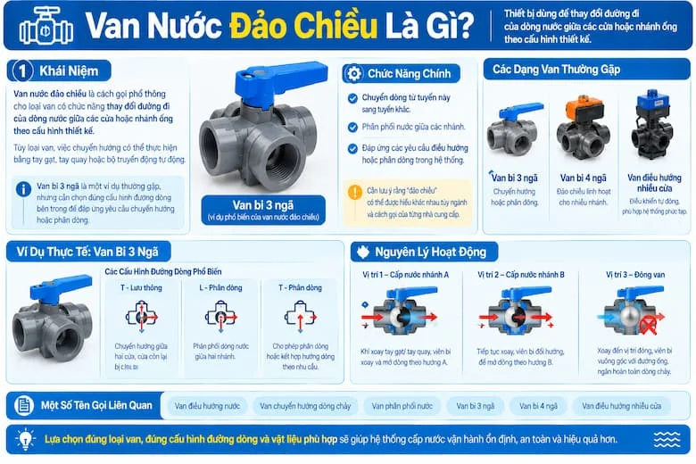 Hình ảnh giới thiệu van nước đảo chiều, thiết bị được sử dụng để thay đổi hướng dòng chảy hoặc phân phối nước giữa các nhánh đường ống theo cấu hình thiết kế