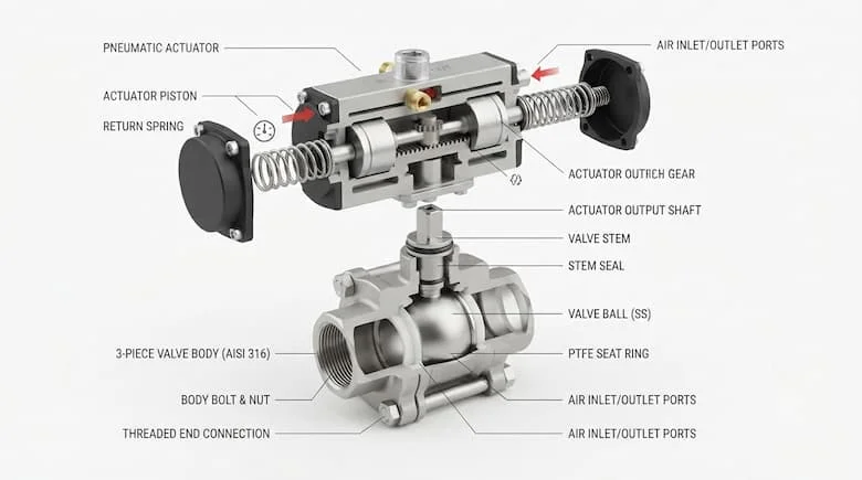 một bản vẽ kỹ thuật chi tiết dạng hình chiếu cắt của van nước điều khiển bằng khí nén, thể hiện rõ thân van, bi hoặc đĩa van, trục van, gioăng làm kín, bộ truyền động khí nén, cơ cấu piston và bộ phận lò xo