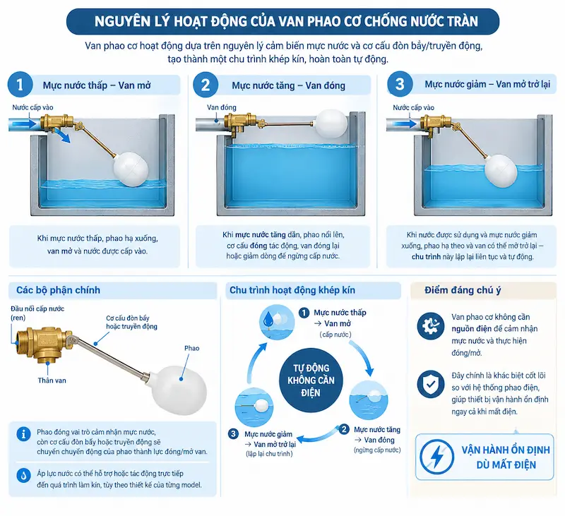Nguyên lý hoạt động chống tràn của van phao cơ trong công nghiệp
