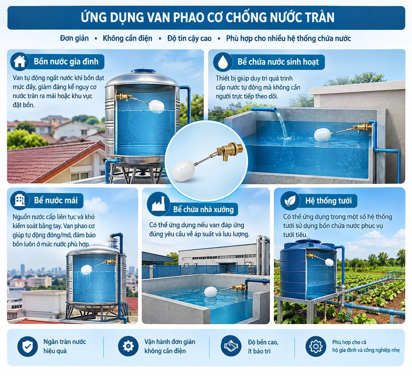 Ứng dụng thực tế của van phao chống tràn trong công nghiệp