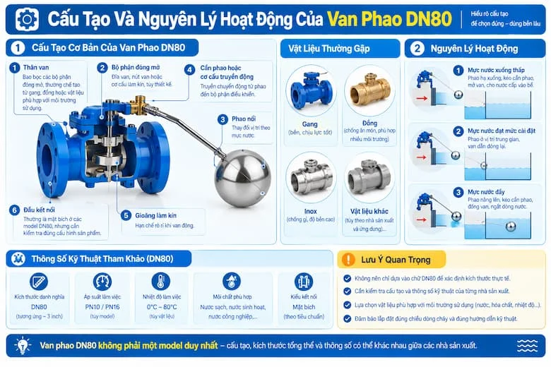 Hình ảnh mô phỏng các bộ phận chính của van phao DN80, bao gồm thân van, bộ phận đóng mở, phao nổi, cần phao hoặc cơ cấu truyền động, gioăng làm kín và đầu kết nối mặt bích. Sơ đồ nguyên lý minh họa quá trình phao thay đổi vị trí theo mực nước: khi nước xuống thấp, van mở để cấp nước vào bể; khi mực nước đạt giới hạn cài đặt, van đóng để ngừng cấp nước