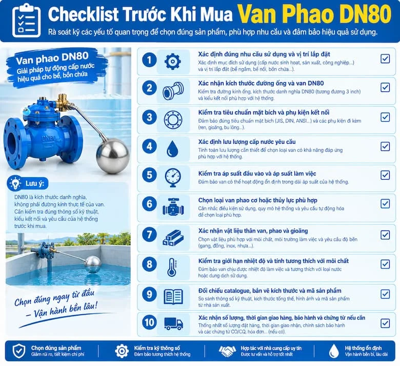 Hình ảnh tổng hợp 10 tiêu chí cần kiểm tra trước khi lựa chọn van phao DN80, từ xác định nhu cầu sử dụng, vị trí lắp đặt, kích thước đường ống và tiêu chuẩn mặt bích đến lưu lượng, áp suất làm việc và loại van phao cơ hoặc thủy lực
