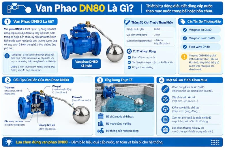 Hình ảnh giới thiệu van phao DN80 với thiết kế thân van kích thước danh nghĩa DN80, phao nổi và cơ cấu điều khiển đóng mở dòng nước tự động. Minh họa giúp người đọc hiểu vai trò của van trong việc cấp nước cho bể chứa, bồn nước sinh hoạt và hệ thống cấp nước công nghiệp