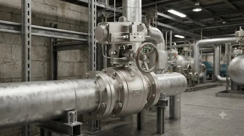 Van công nghiệp Samwoo của Hàn Quốc được lắp đặt trên hệ thống đường ống công nghiệp quy mô lớn, kết nối với ống thép và mặt bích, môi trường nhà máy chân thực, ảnh kỹ thuật chuyên nghiệp, độ chi tiết cao