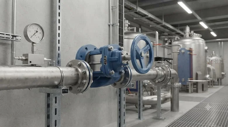 Van công nghiệp TecoFi được lắp đặt trên hệ thống đường ống công nghiệp hiện đại, kết nối với các đường ống và phụ kiện kim loại, đồng hồ đo áp suất và thiết bị công nghiệp có thể nhìn thấy ở phía sau