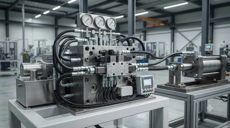 một cảnh công nghiệp thực tế thể hiện van tỷ lệ thủy lực được lắp đặt trong một hệ thống điều khiển thủy lực chuyên nghiệp. Van tỷ lệ được kết nối với các đường ống và phụ kiện thủy lực, với đồng hồ đo áp suất