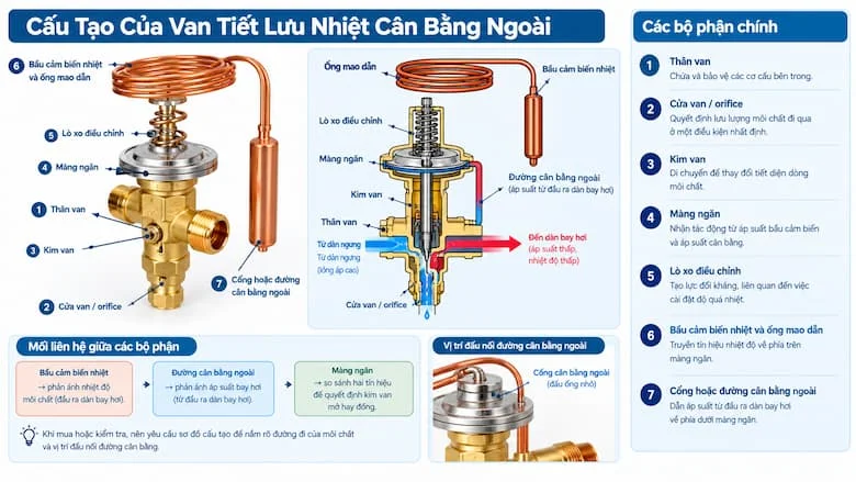Hình ảnh cấu tạo van tiết lưu nhiệt cân bằng ngoài và vị trí các bộ phận bên trong van