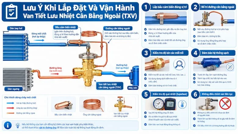 Sơ đồ lắp đặt van tiết lưu nhiệt cân bằng ngoài trên đường hút và các bước kiểm tra khi vận hành