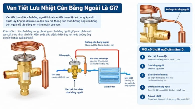 Sơ đồ van tiết lưu nhiệt cân bằng ngoài với bầu cảm biến, đường cân bằng ngoài và dàn bay hơi