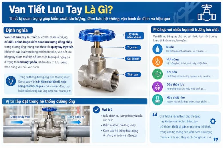 Van Tiết Lưu Tay Là Gì? Cấu Tạo Cơ Bản, Chức Năng Điều Chỉnh Lưu Lượng Và Ứng Dụng Trong Hệ Thống Đường Ống
