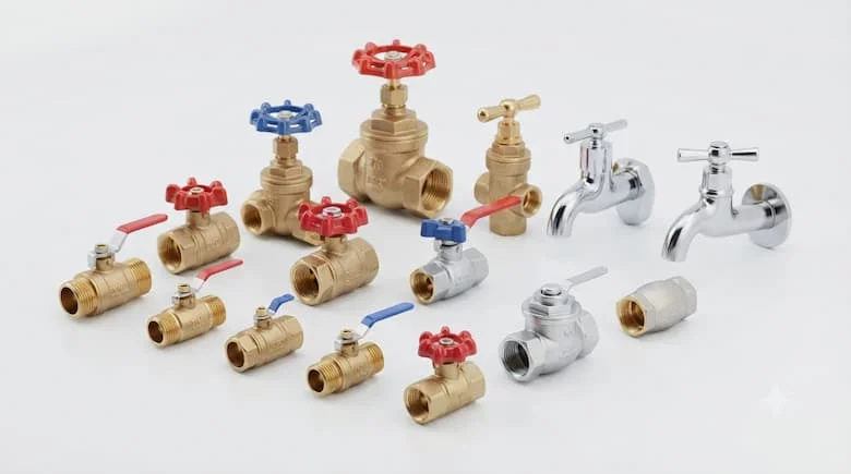 Ảnh sản phẩm chuyên nghiệp của van vòi minh hòa, nhiều loại và kích cỡ, nền trắng sạch, chân thực