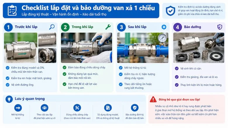 Hướng Dẫn Kiểm Tra, Lắp Đặt Và Bảo Dưỡng Van Xả 1 Chiều