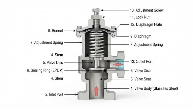 ơ đồ kỹ thuật cắt ngang tỷ lệ 16:9 của van giảm áp tự động, thể hiện thân van, lò xo, màng ngăn, trục van và các bộ phận làm kín, theo phong cách kỹ thuật thực tế