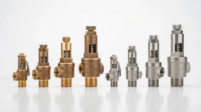 ảnh sản phẩm chân thực tỷ lệ 16:9 cho van xả áp tự động, nhiều kích cỡ, chất liệu đồng thau và thép không gỉ, nền trắng sạch, ánh sáng studio chuyên nghiệp