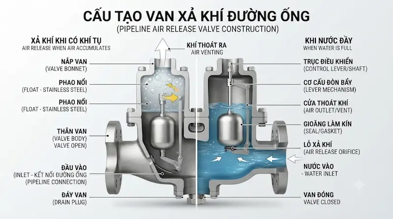 Nguyên lý hoạt động và cấu tạo chi tiết bên trong của van xả khí