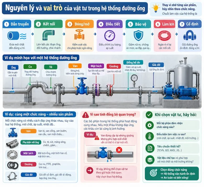 Nguyên lý hoạt động và vai trò của từng loại vật tư trong việc xây dựng, kết nối và vận hành hệ thống đường ống