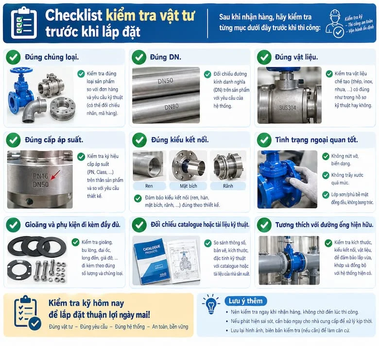Checklist kiểm tra và đối chiếu vật tư đường ống trước khi tiến hành lắp đặt và đưa hệ thống vào vận hành