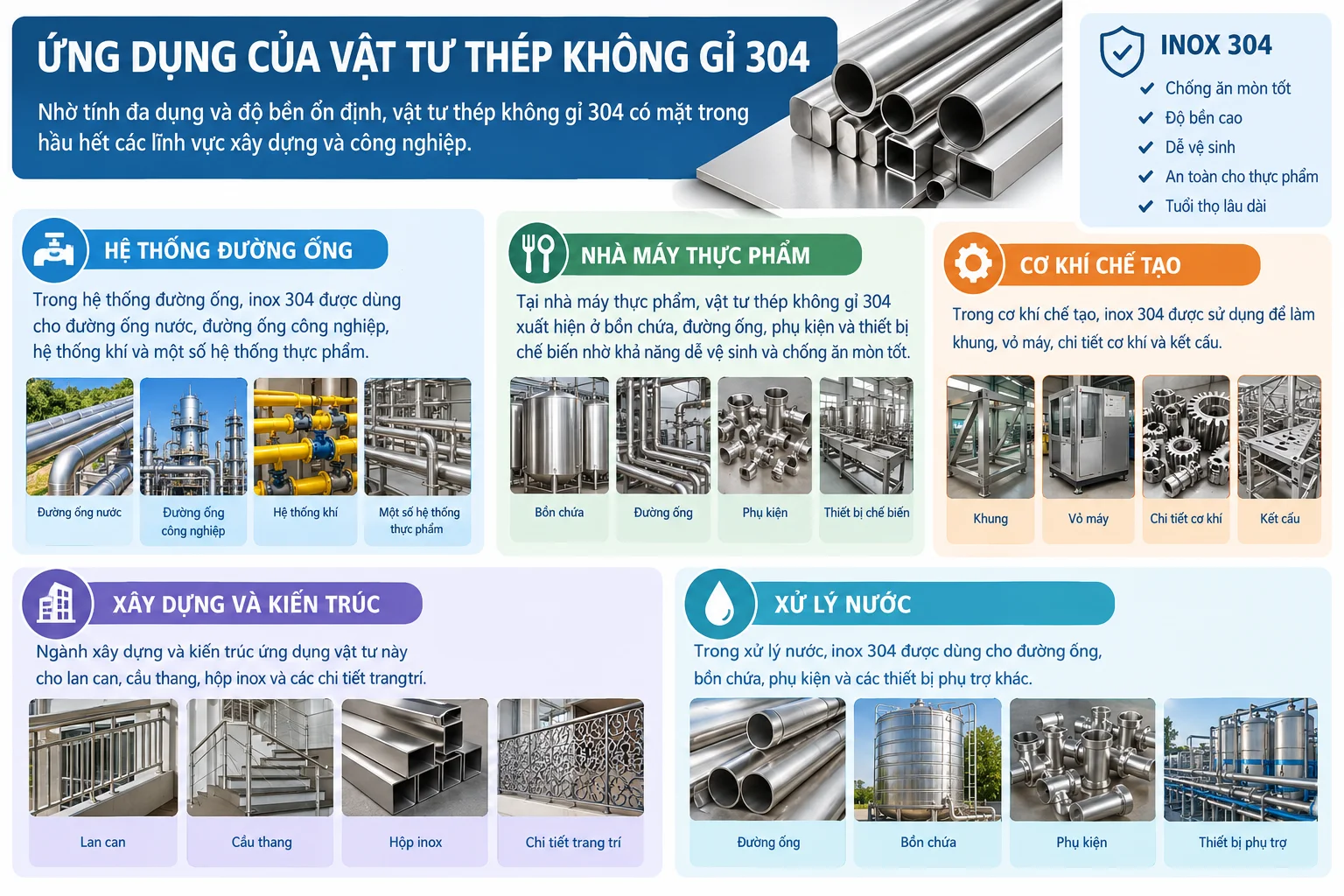 Ứng dụng thực tế của vật tư thép không gỉ 304 trong các lĩnh vực