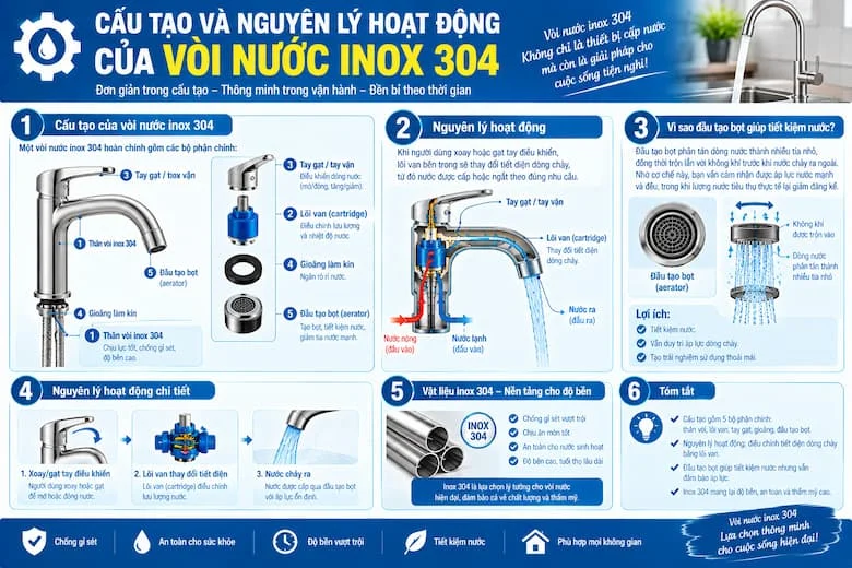Cấu Tạo Và Nguyên Lý Hoạt Động Của Vòi Nước Inox 304 Với Lõi Van Và Đầu Tạo Bọt Tiết Kiệm Nước