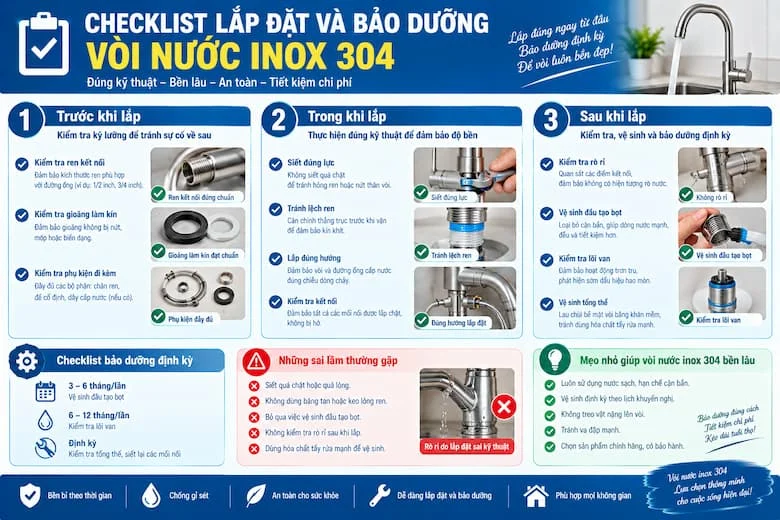 Lắp Đặt Và Bảo Dưỡng Vòi Nước Inox 304 Đúng Kỹ Thuật Để Tăng Tuổi Thọ Sử Dụng