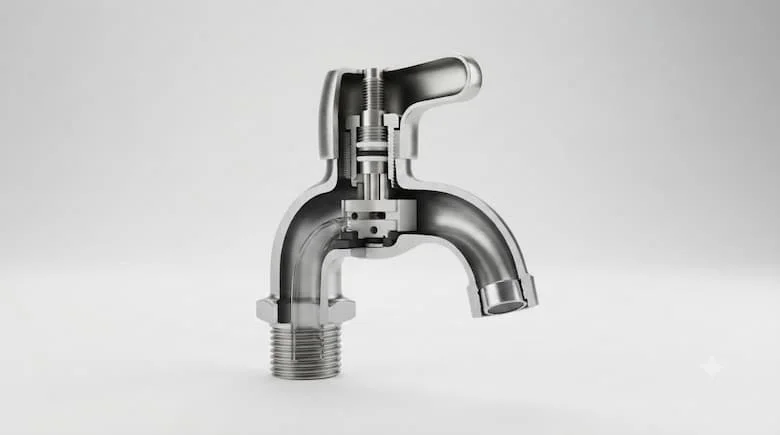  hình minh họa kỹ thuật chi tiết, mặt cắt ngang của vòi nước bằng thép không gỉ với kết nối ren Phi 21. Thể hiện cấu trúc cơ khí bên trong ở dạng mặt cắt một phần, bao gồm thân vòi bằng thép không gỉ, tay cầm, trục van, cơ cấu làm kín, đế van bên trong, gioăng hoặc vòng đệm, đường dẫn nước và kết nối ren đầu vào