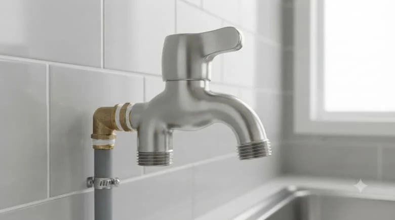 một cảnh lắp đặt đường ống nước chuyên nghiệp thực tế, thể hiện vòi nước bằng thép không gỉ với kết nối ren Phi 21 được lắp đặt trên đường ống cấp nước dân dụng. Thể hiện vòi nước được kết nối chính xác với phụ kiện đường ống và đường ống nước, với bức tường lát gạch sạch sẽ hoặc khu vực tiện ích ở phía sau