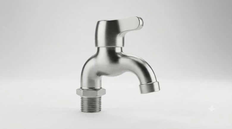 ảnh sản phẩm chuyên nghiệp, chân thực cho vòi nước bằng thép không gỉ, kích thước Phi 21, được thiết kế cho hệ thống cấp nước gia đình và đường ống.