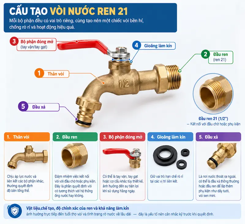 Cấu tạo bên trong của vòi nước ren trong công nghiệp