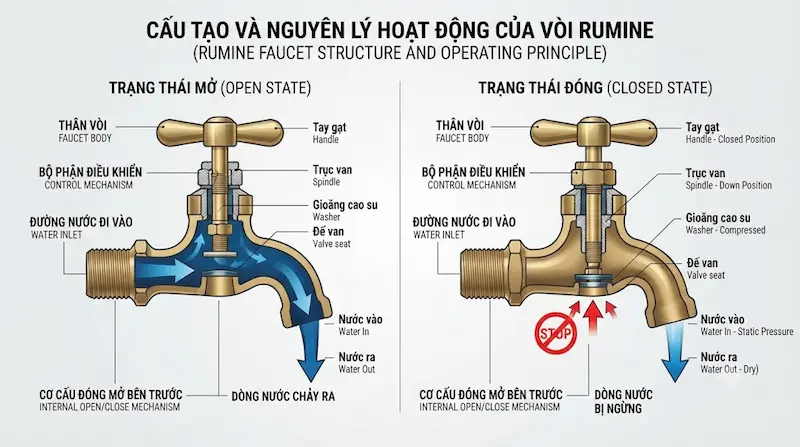 Nguyên lý hoạt động và cấu tạo bên trong của vòi van rumine