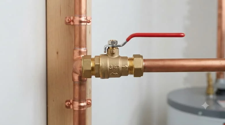 hình ảnh thực tế của một van khóa nước được lắp đặt trên đường ống cấp nước dân dụng, van bằng đồng thau có tay cầm gạt, hệ thống đường ống chuyên nghiệp sạch sẽ, các mối nối thực tế, hình ảnh sống động