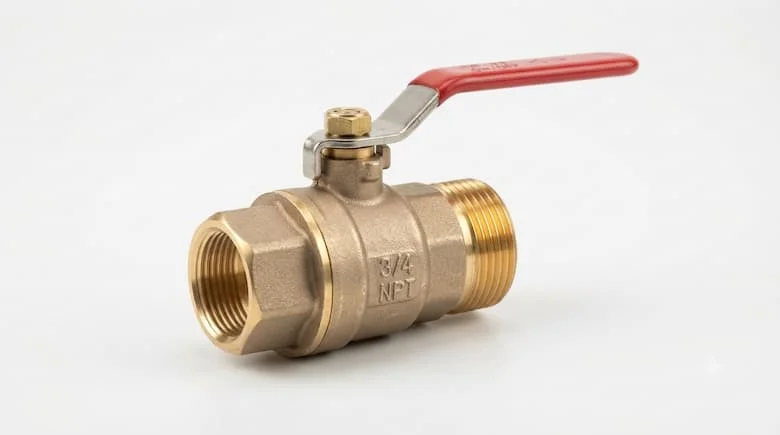 ảnh sản phẩm chuyên nghiệp, chân thực về van khóa nước bằng đồng thau, có đầu ren và tay cầm dạng cần gạt, đặt chính giữa trên nền trắng sạch, ánh sáng studio