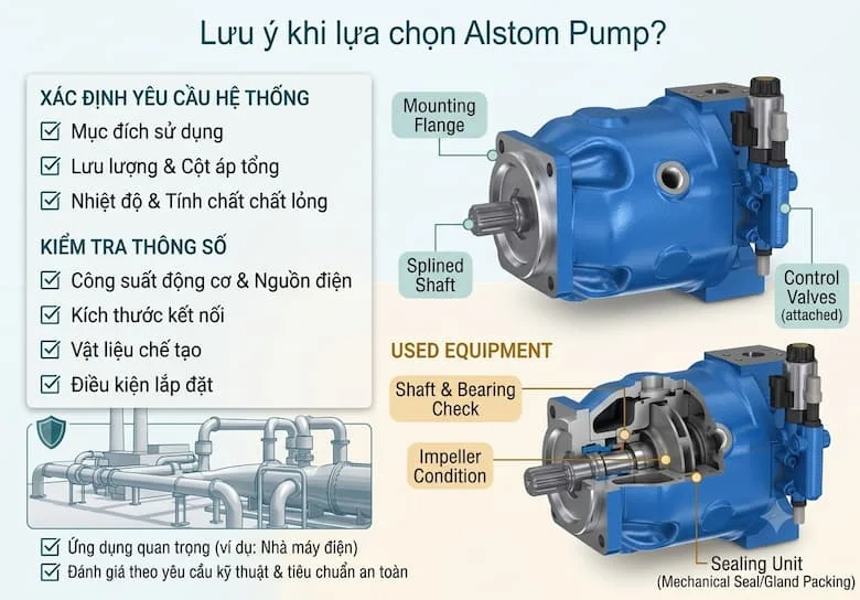Hình ảnh kết hợp checklist chi tiết (lưu lượng, cột áp, nhiệt độ chất lỏng, công suất, nguồn điện, tiêu chuẩn an toàn) cùng hình vẽ bóc tách cấu tạo bên trong (trục xoay, bánh công tác, ổ bi, bộ phận làm kín
