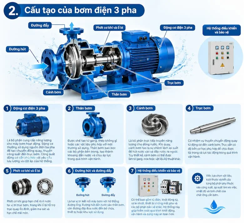 Hình ảnh mô phỏng cấu tạo của bơm điện 3 pha, bao gồm động cơ điện, thân bơm, cánh bơm, trục bơm, phớt cơ khí, ổ bi, đường hút, đường đẩy và hệ thống điều khiển bảo vệ