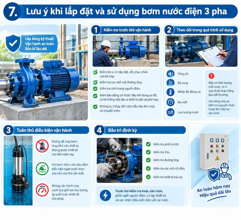 Hình ảnh minh họa các lưu ý quan trọng khi lắp đặt và vận hành bơm nước điện 3 pha, từ kiểm tra vị trí lắp đặt, đường ống, nguồn điện và thiết bị bảo vệ đến theo dõi tiếng ồn, độ rung, nhiệt độ động cơ, áp suất và lưu lượng nước