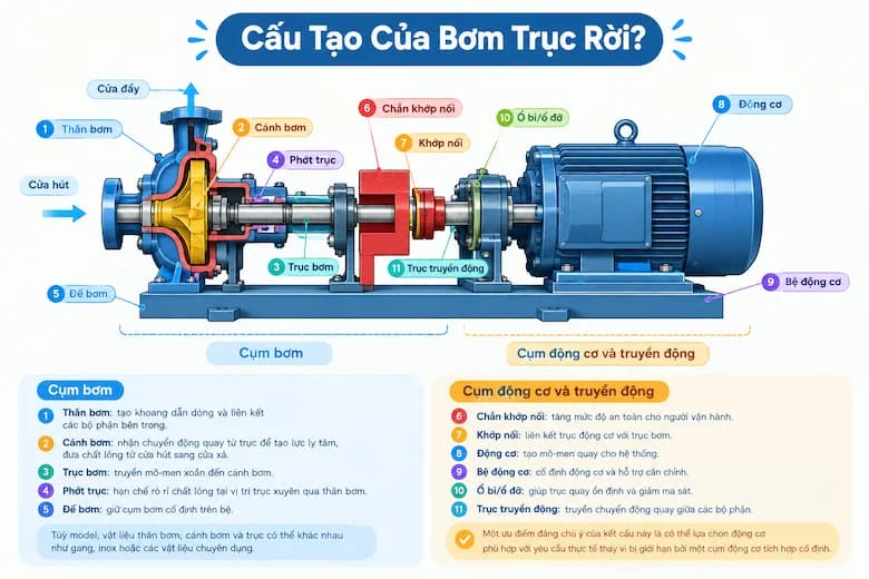 Cấu tạo máy bơm trục rời gồm động cơ, khớp nối, trục bơm và đầu bơm