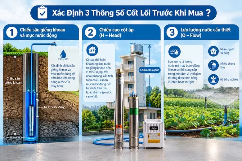 Hình ảnh minh họa ba thông số quan trọng cần xác định trước khi lựa chọn máy bơm giếng khoan. Chiều sâu giếng và mực nước động giúp đánh giá điều kiện khai thác nước; cột áp H xác định khả năng đưa nước đến vị trí sử dụng