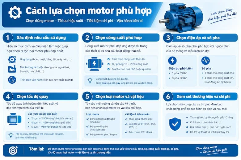 Minh họa các cách phân loại motor điện theo nguồn điện, loại dòng điện, cấu tạo và khả năng điều khiển tốc độ.