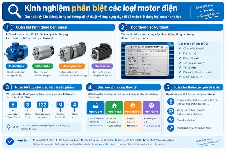 Hướng dẫn nhận biết và phân biệt motor điện thông qua hình dáng, thông số kỹ thuật, ký hiệu sản phẩm và ứng dụng thực tế.