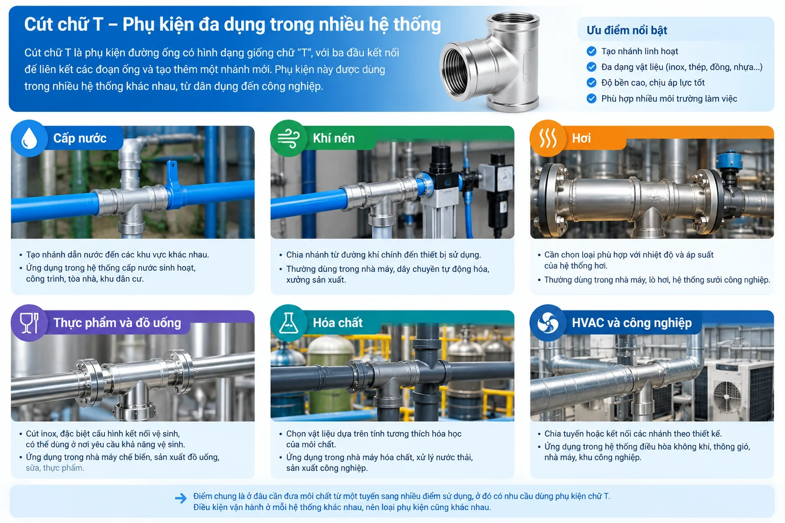 Ứng dụng thực tế của cút nước chữ T trong các lĩnh vực công nghiệp
