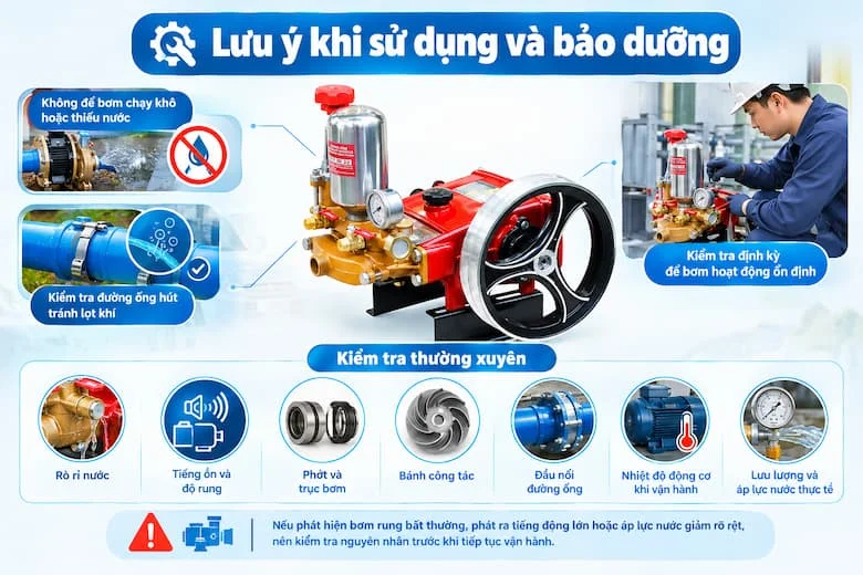 Ảnh minh họa các lưu ý khi sử dụng và bảo dưỡng đầu bơm cao áp 2HP, tập trung vào kiểm tra rò rỉ, tiếng ồn, độ rung, phớt, trục bơm, đường ống, nhiệt độ và áp lực nước