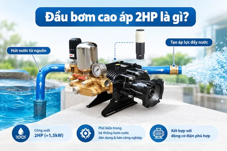 Ảnh đầu bơm cao áp 2HP minh họa chức năng hút nước, tạo áp lực và đẩy nước qua đường ống, phù hợp cho hệ thống bơm dân dụng và bán công nghiệp.