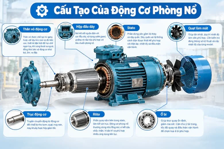 Minh họa các tiêu chí quan trọng cần kiểm tra trước khi lựa chọn như công suất, điện áp, số pha, tốc độ quay, thiết bị dẫn động, môi trường nguy hiểm, ký hiệu Ex, Zone, cấp nhiệt độ, cấp bảo vệ IP, kiểu lắp, kích thước trục, catalogue, datasheet, chứng nhận và nguồn gốc sản phẩm